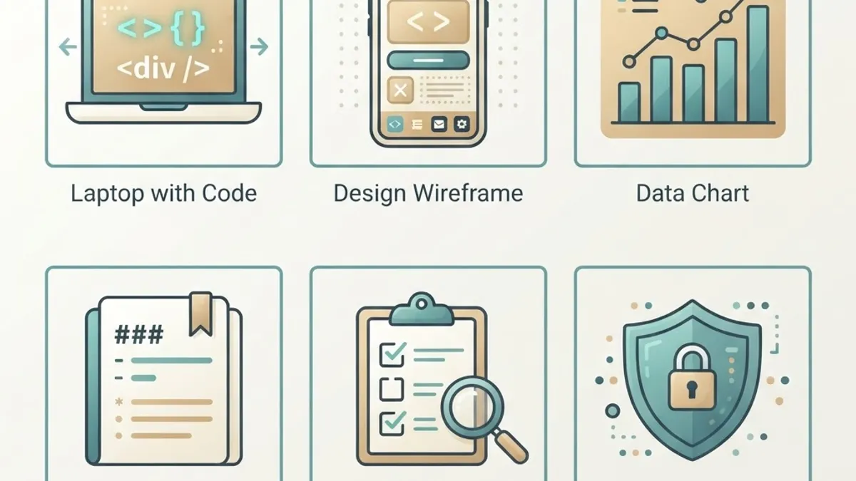 Grid of tech role icons including code, wireframes, data charts and documentation