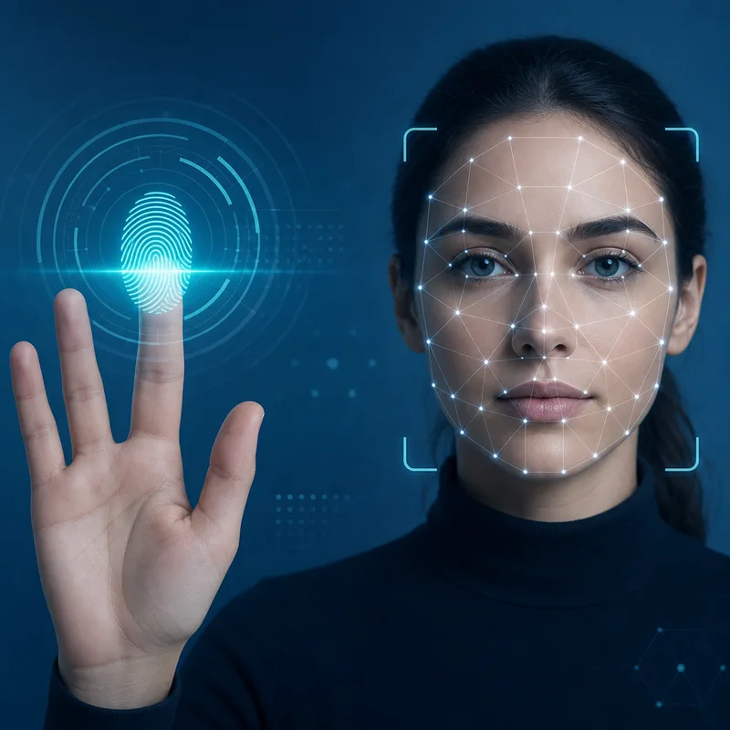 Human hand with fingerprint scan and facial recognition grid overlay