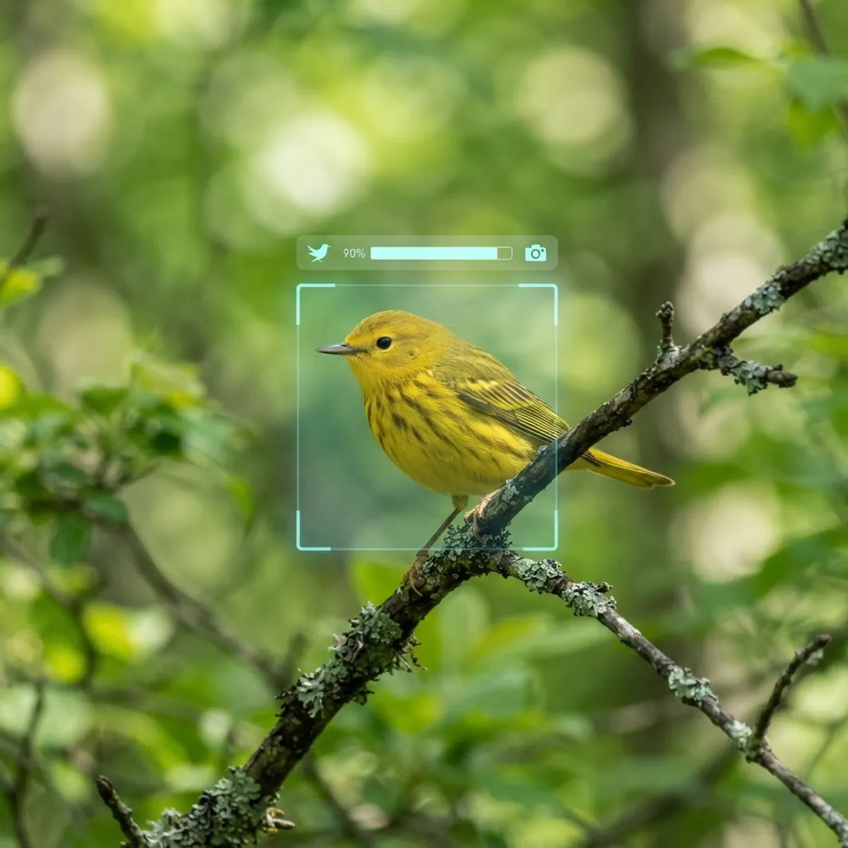 Close-up of a warbler with a digital recognition overlay