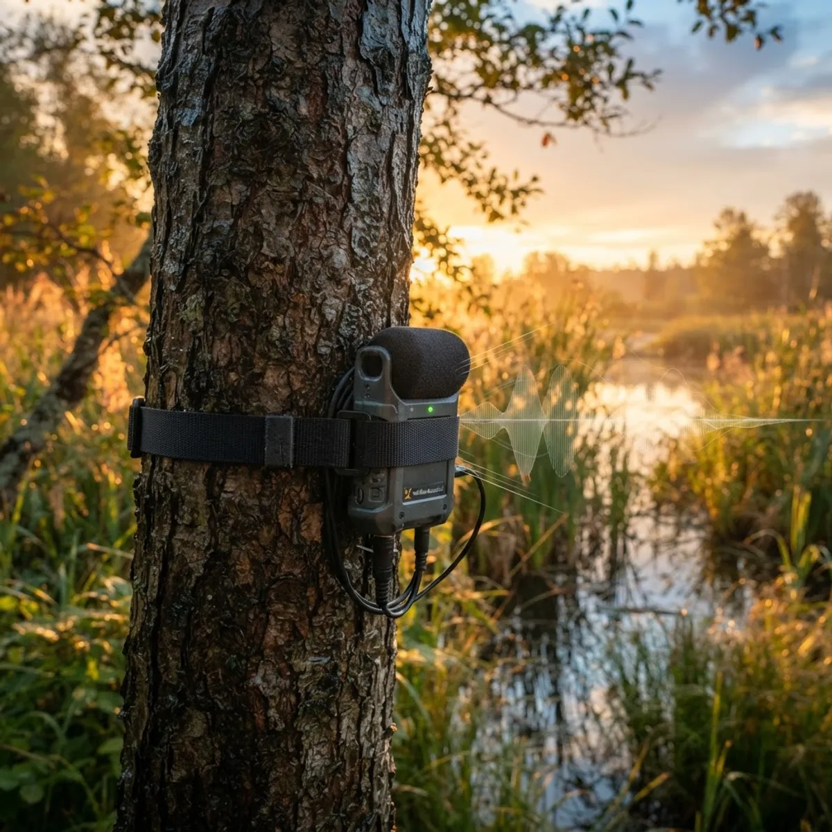 Acoustic recording device mounted on a tree in a wetland