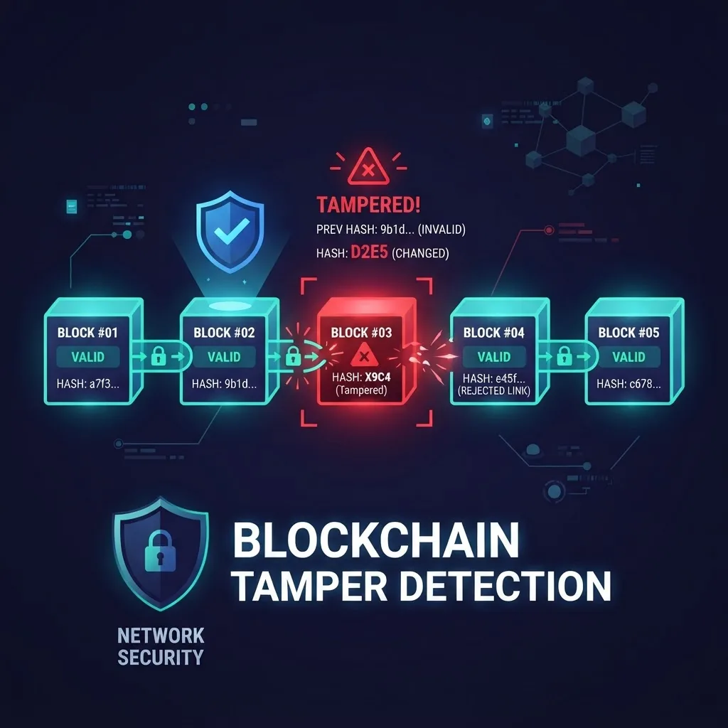 Chain of blocks where one altered block glows red and breaks the link