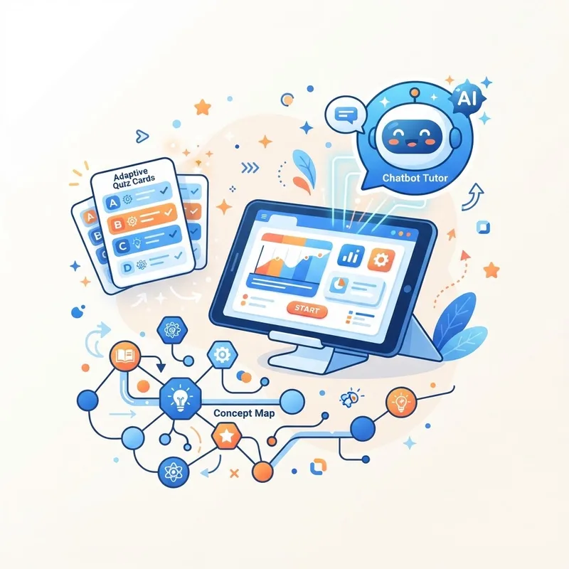 AI learning tools including a chatbot tutor and adaptive quizzes