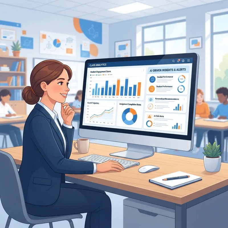 Teacher reviewing an analytics dashboard with AI insights