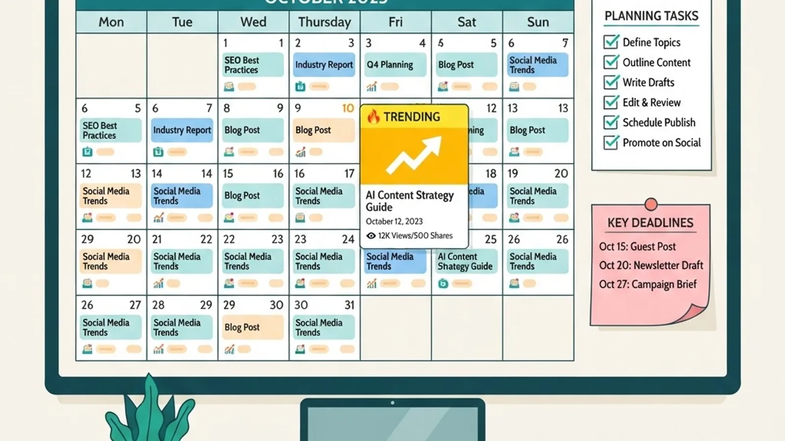 Content calendar strategy board for breakout keyword planning