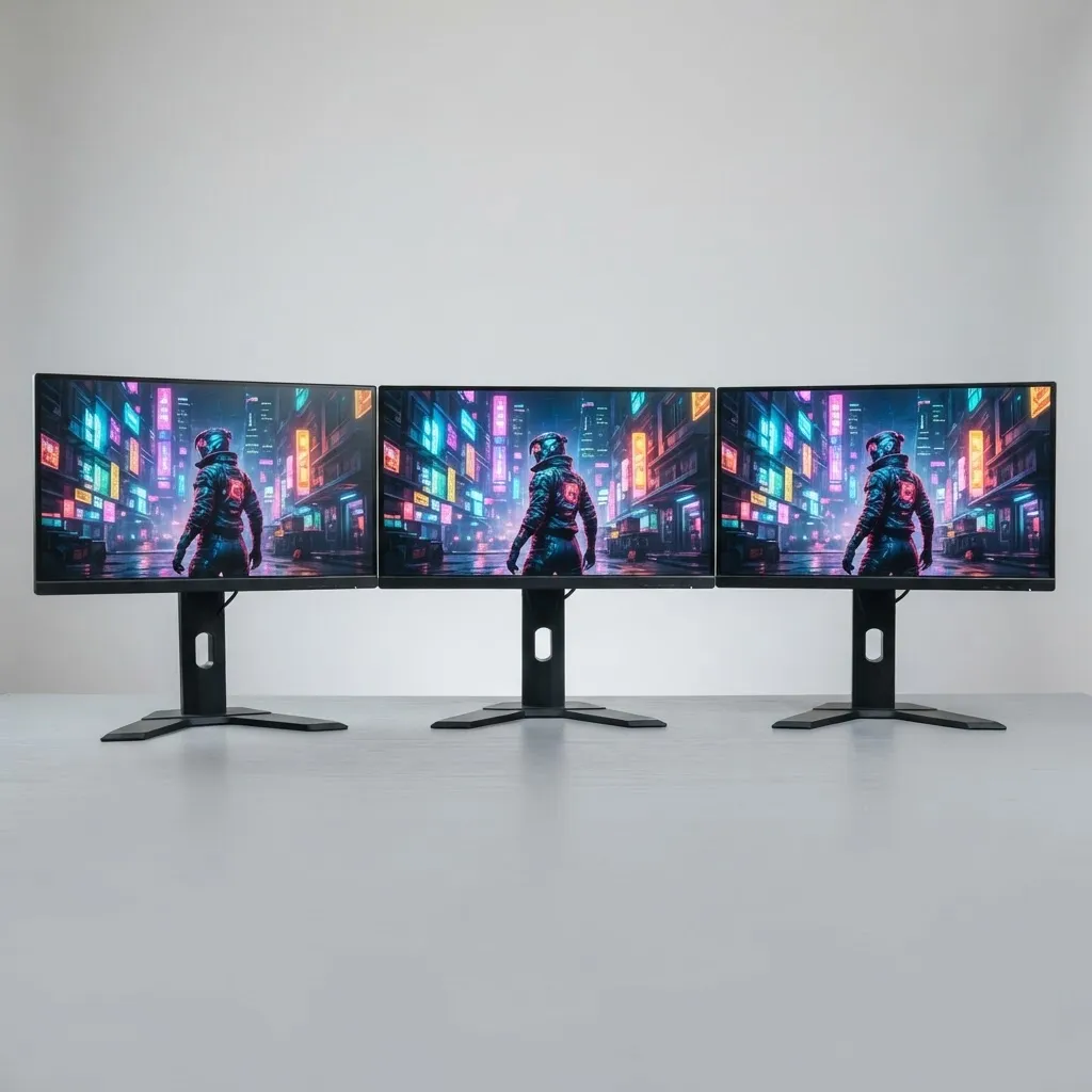 Three budget 4K gaming monitors on a studio backdrop