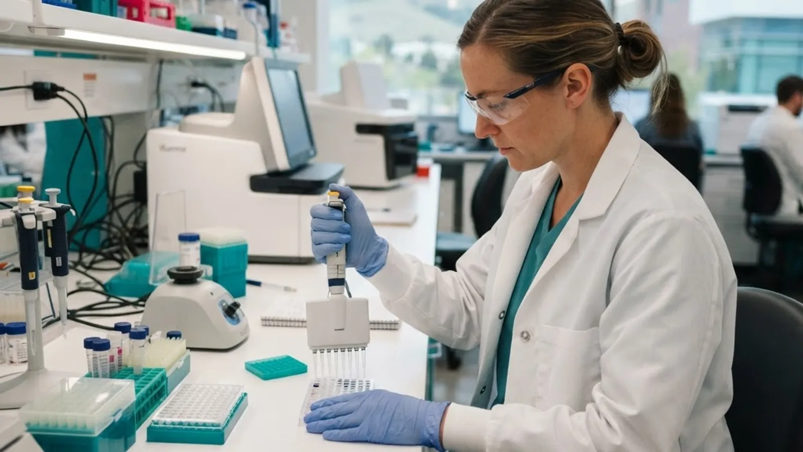 Biotechnology laboratory with scientist performing gene editing research