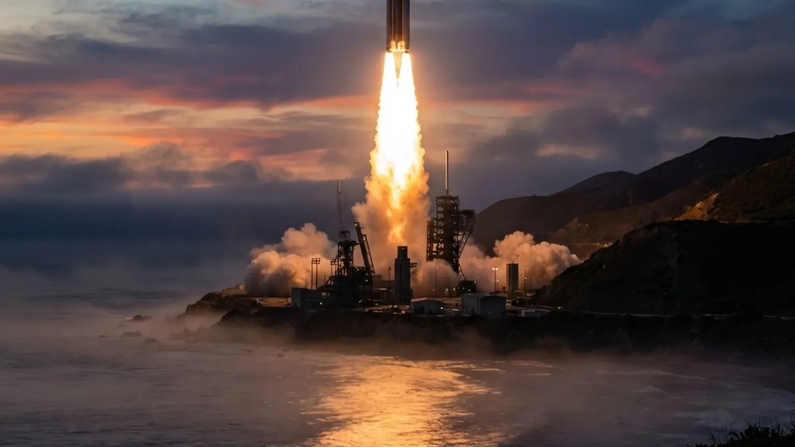Rocket launching from a coastal California launch site at dusk