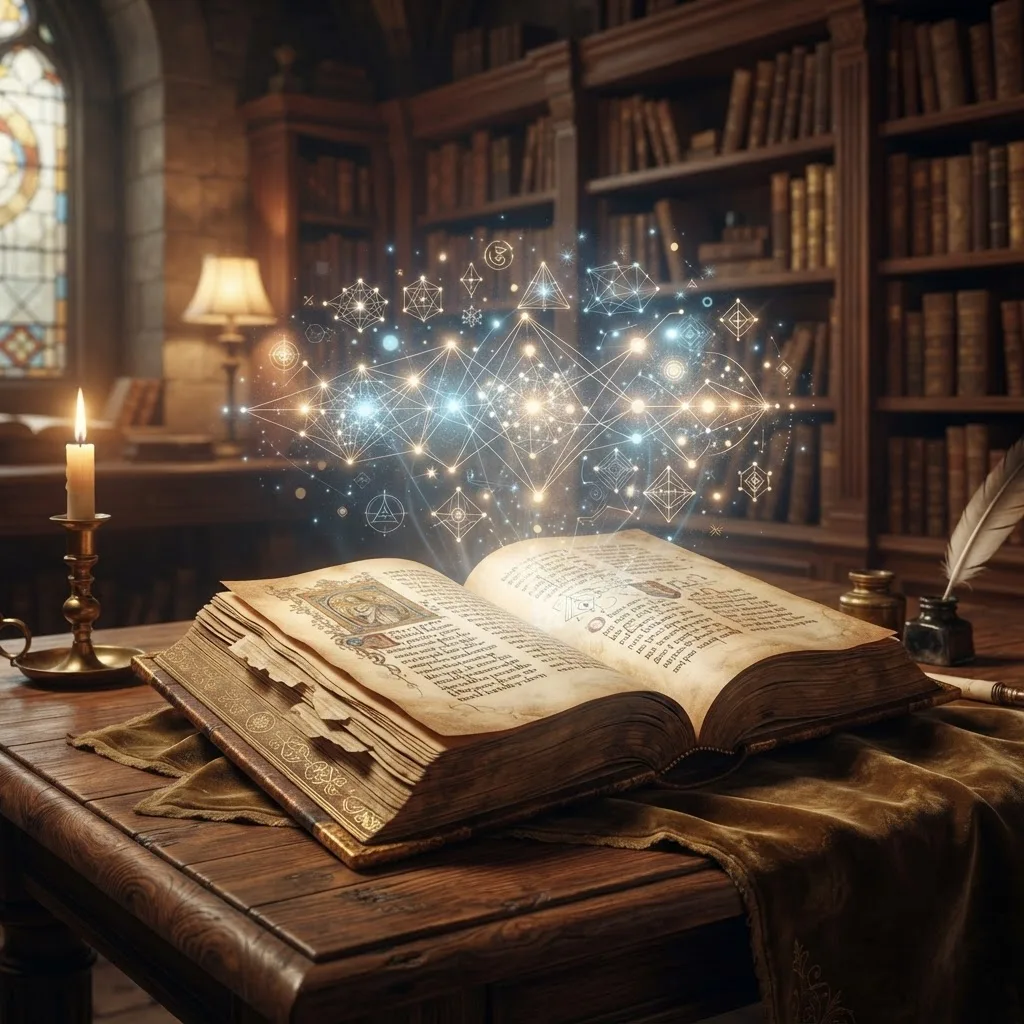 Open religious book with floating holographic data points