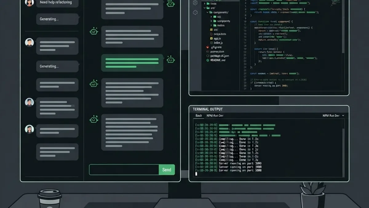 Developer workflow with an AI chat assistant beside a code editor