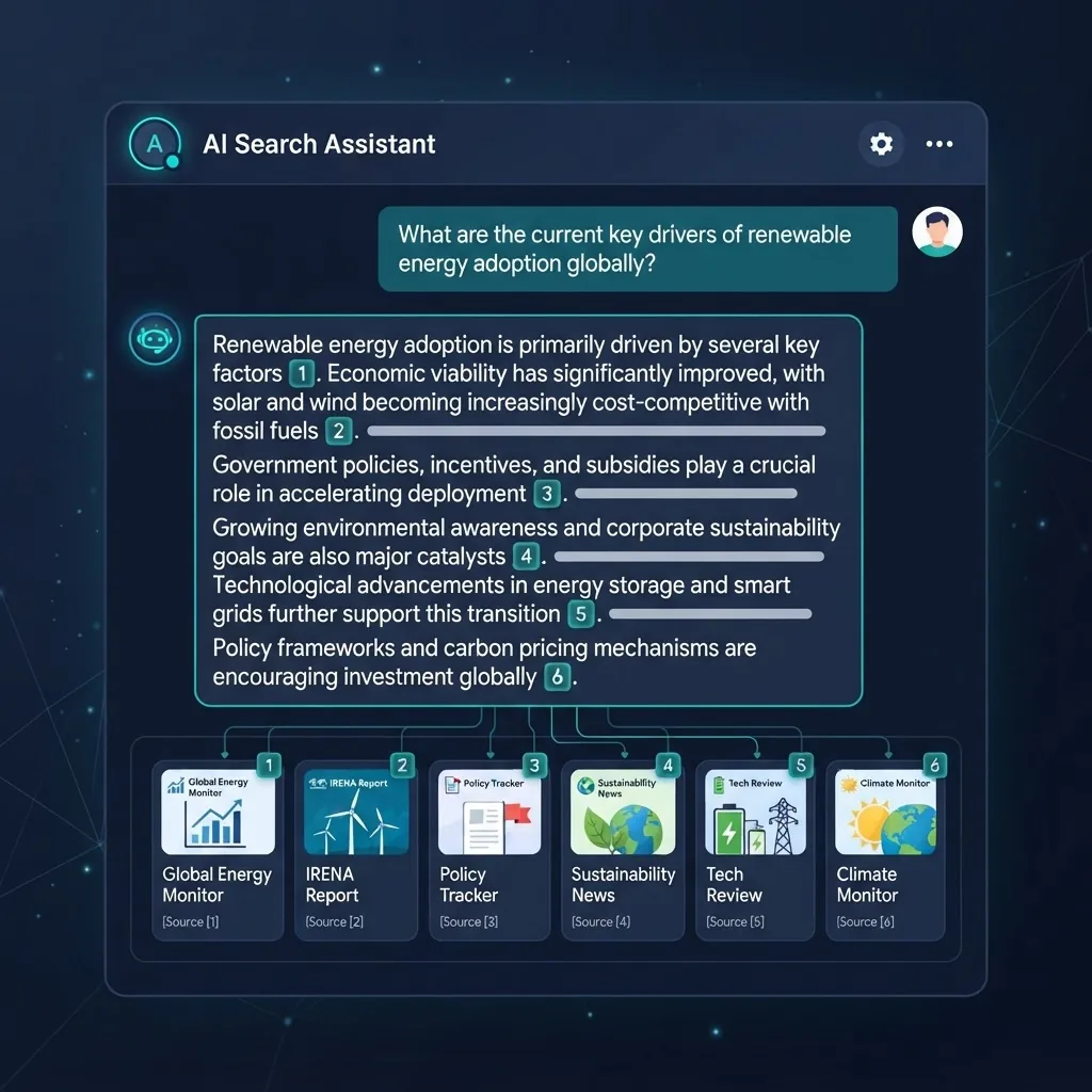 Conversational AI search interface with numbered citations and source thumbnails