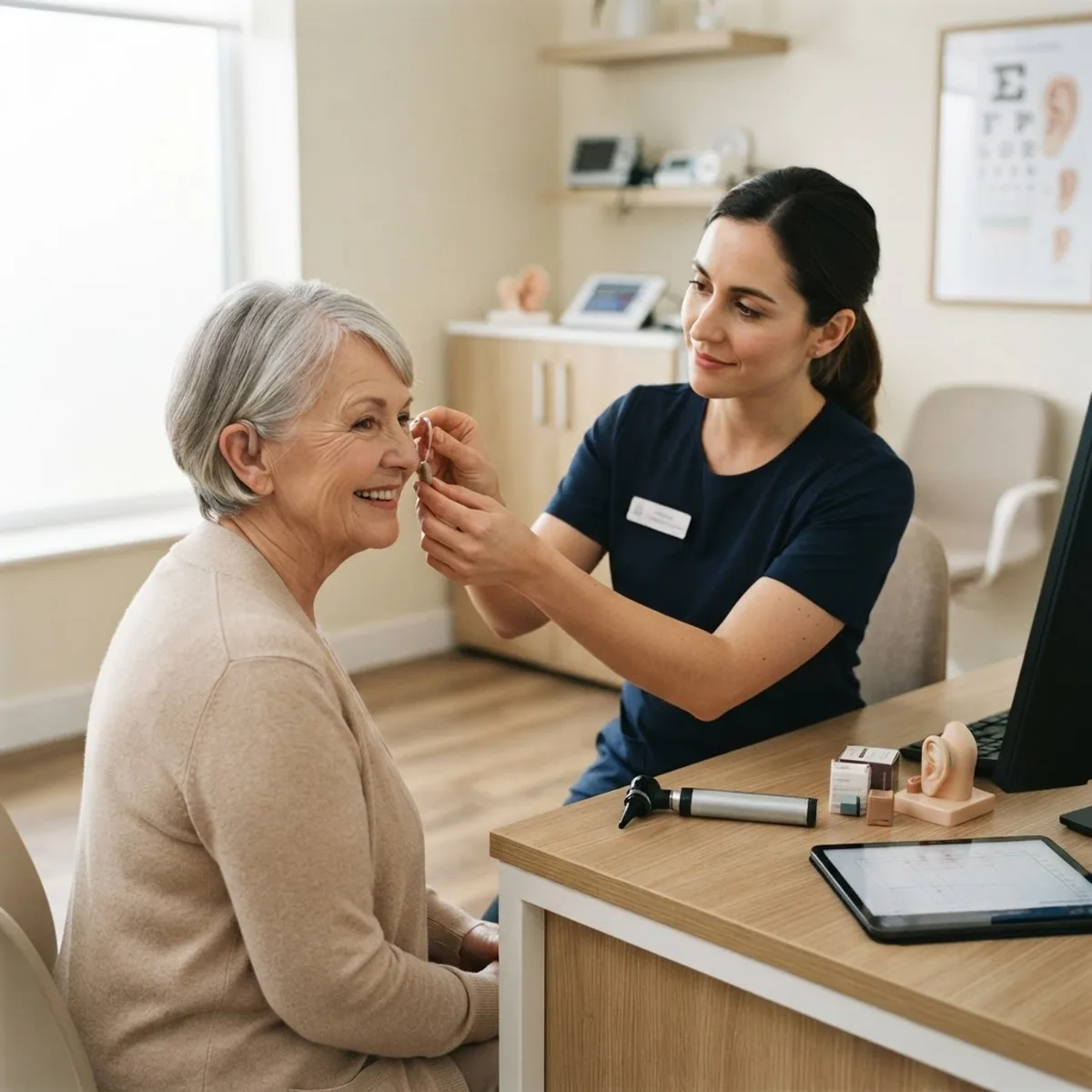 Audiologist fitting a hearing aid for a patient in a clinic