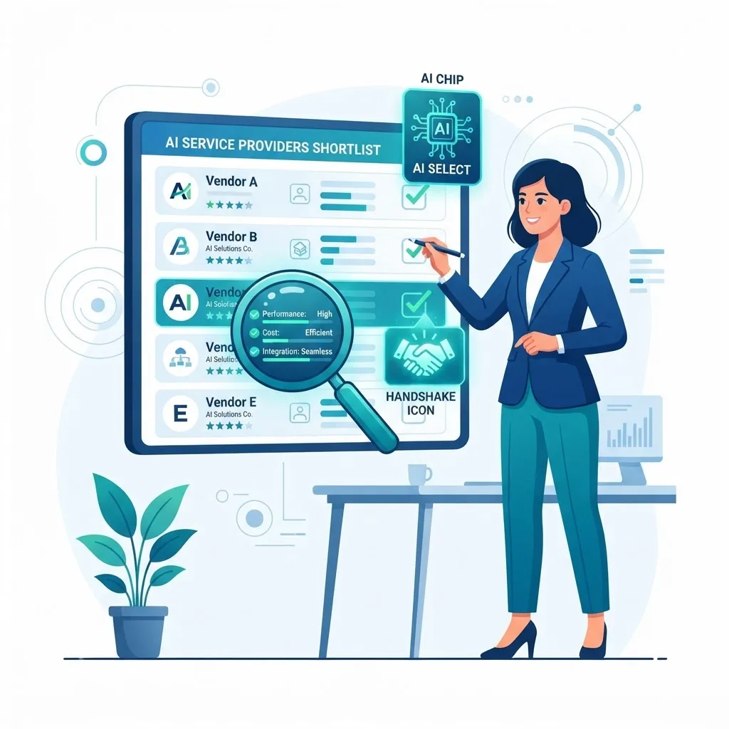 Business person evaluating and selecting an AI service provider from a shortlist