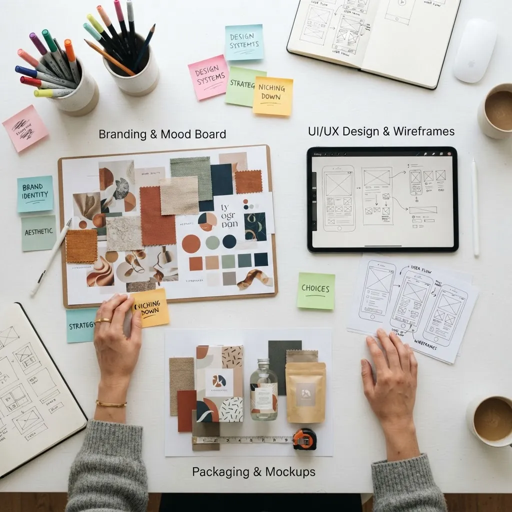 Designer comparing branding, packaging, and UI specialization options on a planning desk