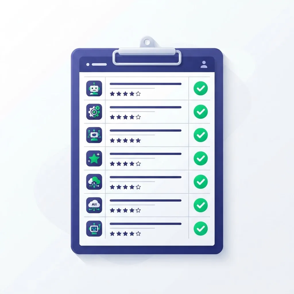 Clipboard checklist with green checkmarks beside AI app icons
