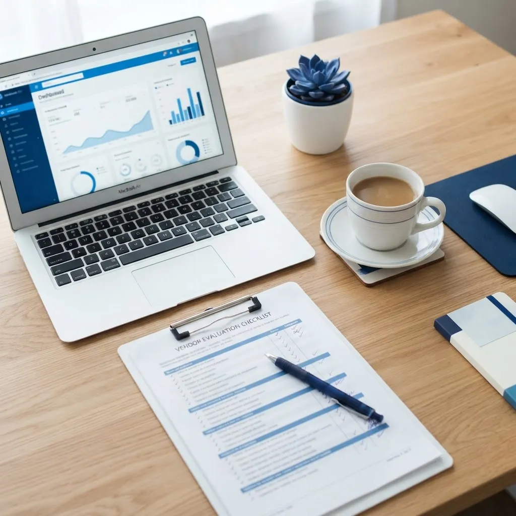 Vendor evaluation checklist on a desk beside a laptop showing a website dashboard
