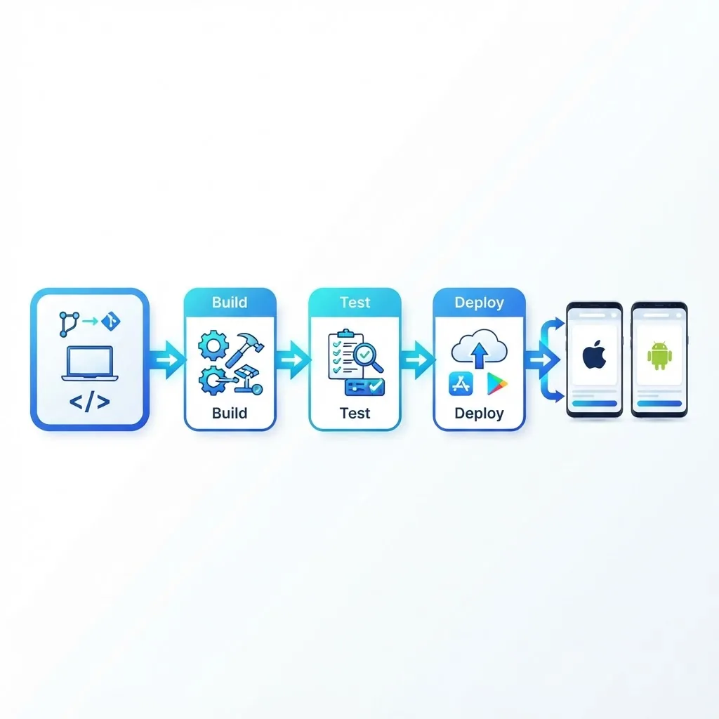 CI CD deployment pipeline illustration from code commit to app store delivery for cross platform apps