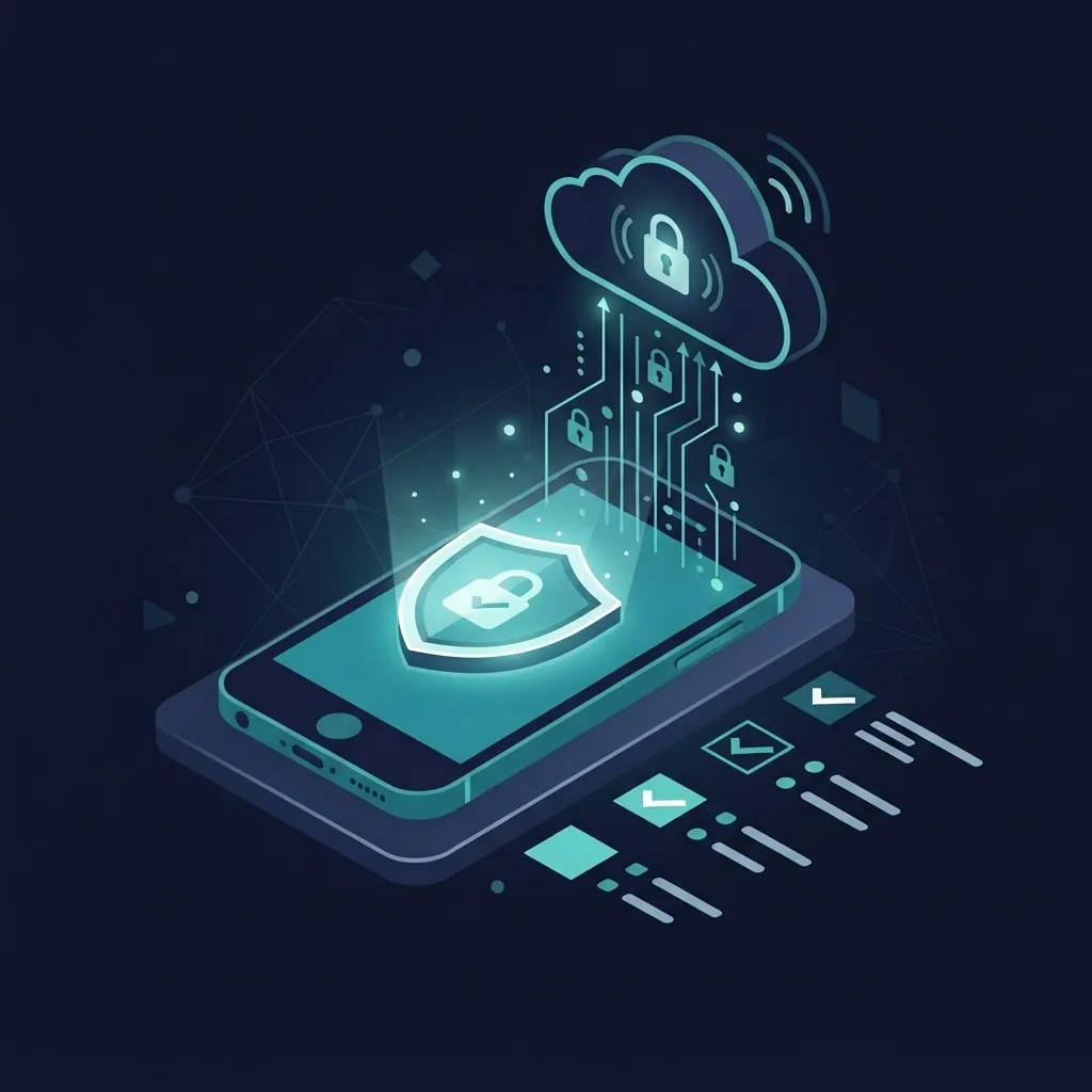 Cloud mobile app security illustration with shield, padlock, and encrypted data streams to the cloud