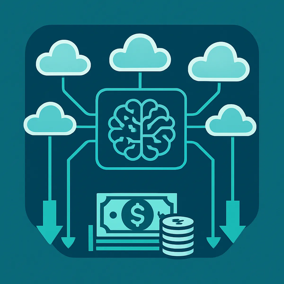 AI optimizing cloud spending with downward cost arrows