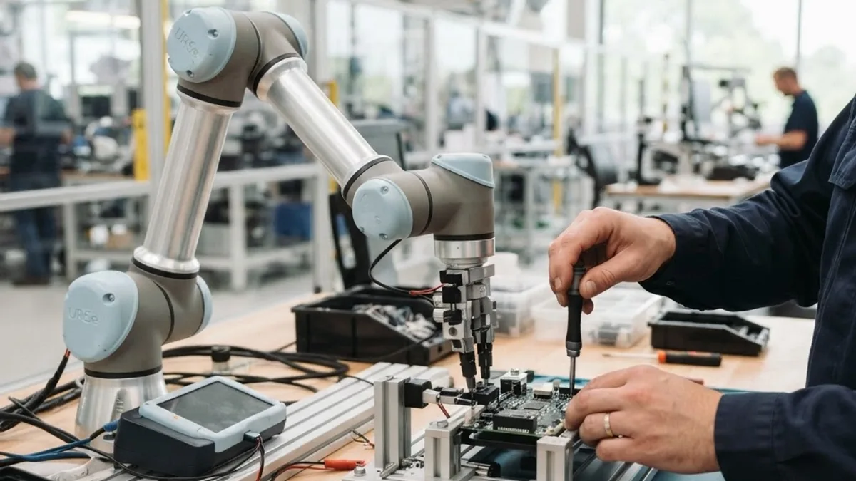 Collaborative robot arm with modular joint actuators working beside a person