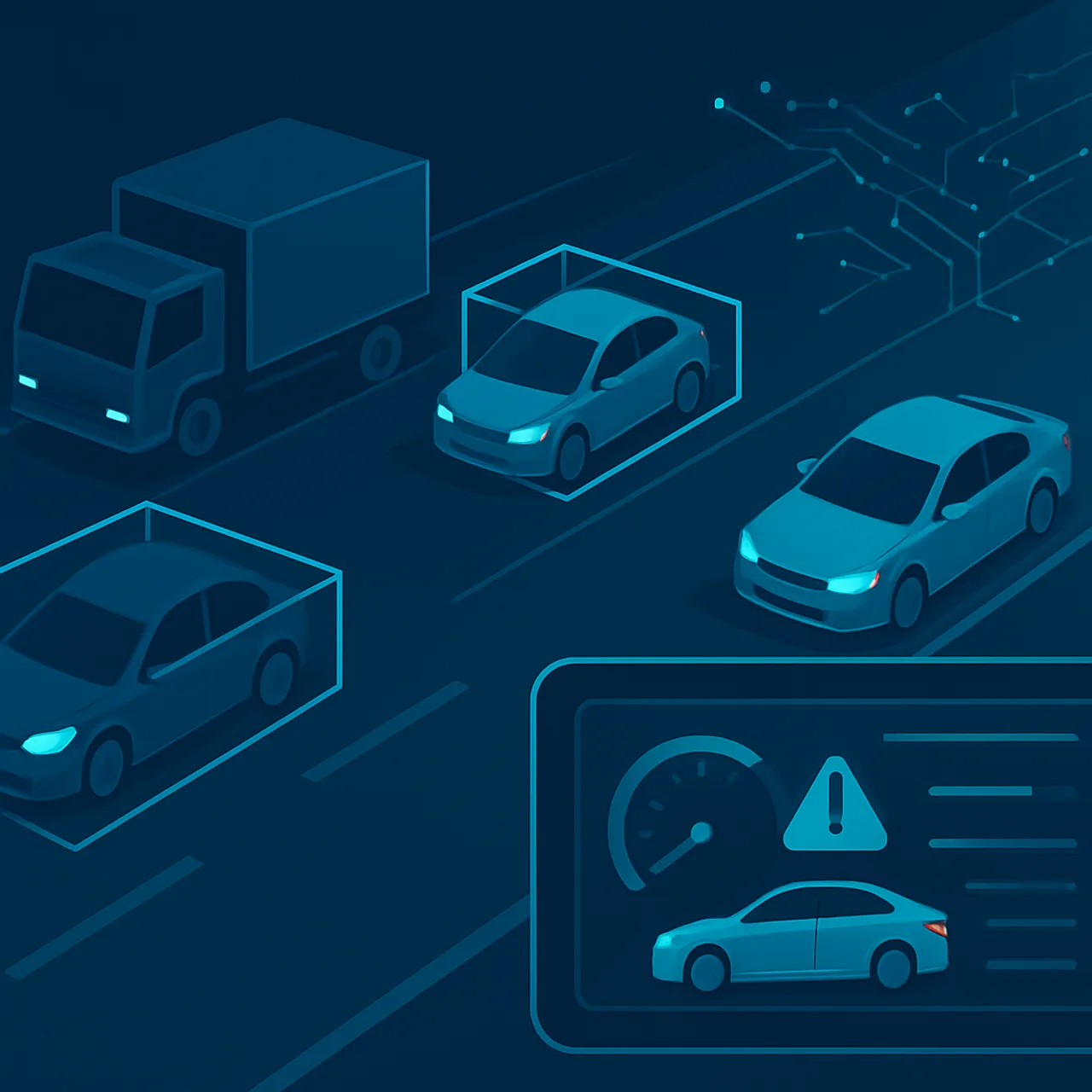 AI collision detection overview with neon bounding boxes on a road scene