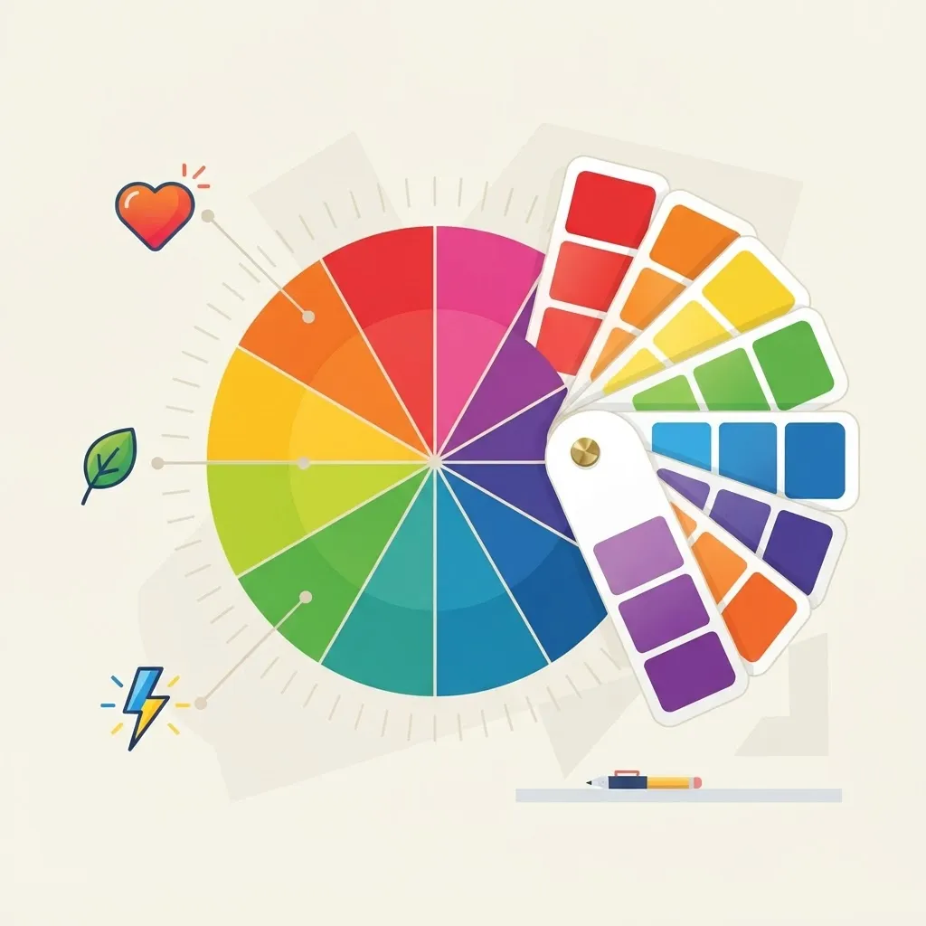 Color psychology in branding shown with a color wheel and emotion icons