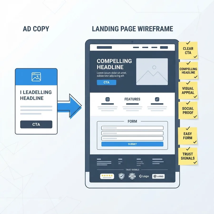 Ad copy and landing page teardown with wireframe and annotated checkmarks