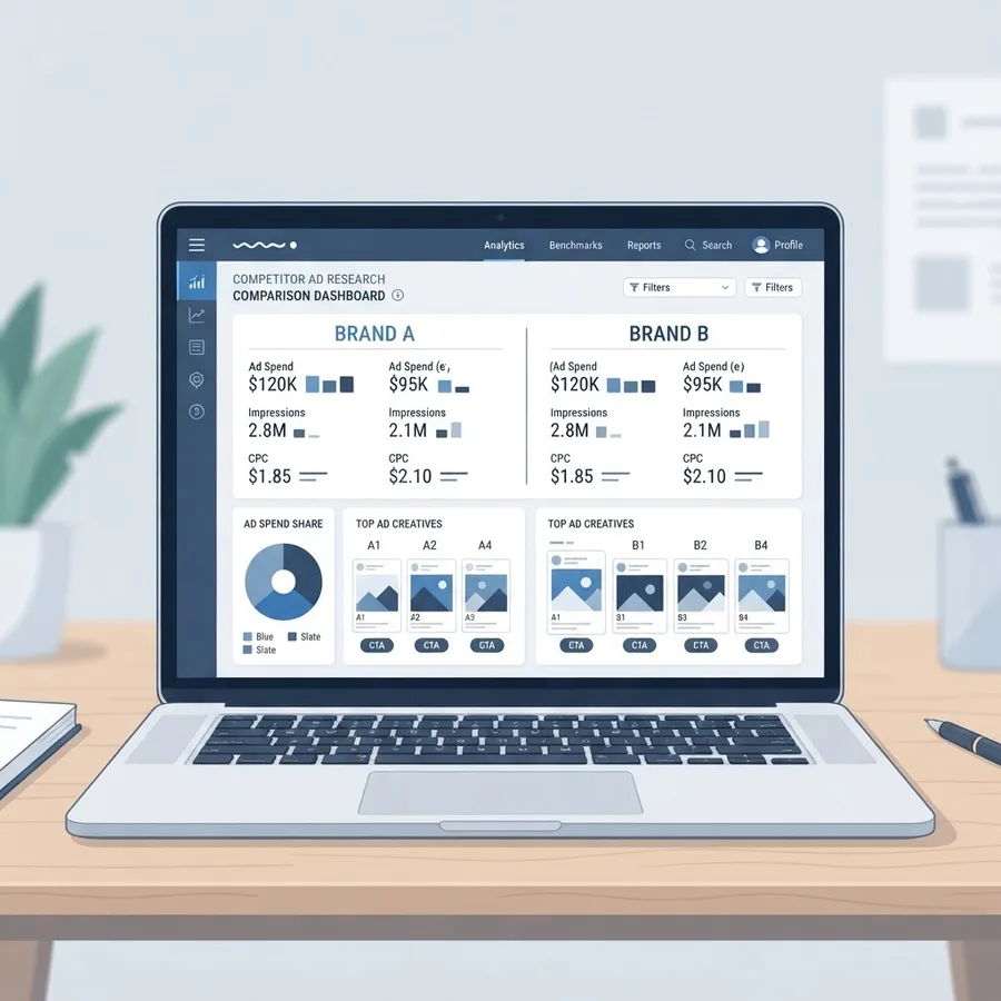Competitor Google Ads research dashboard showing brand comparison panels and ad spend charts