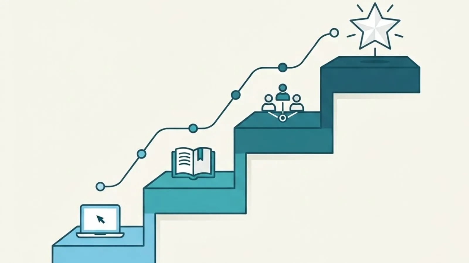 Ascending career roadmap steps with laptop, book, team, and leadership icons