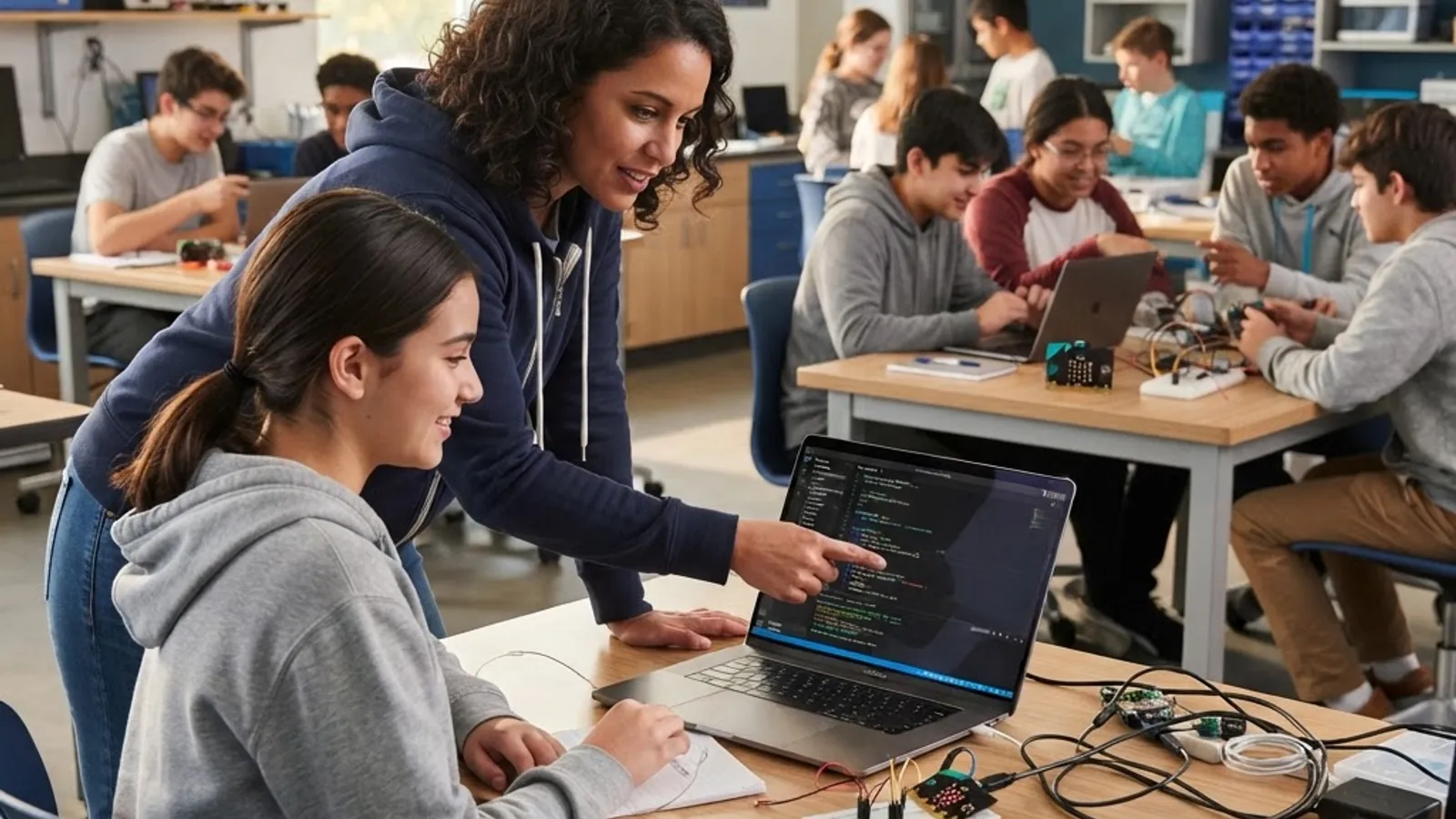 Computer science teacher leading a coding lesson in a modern classroom