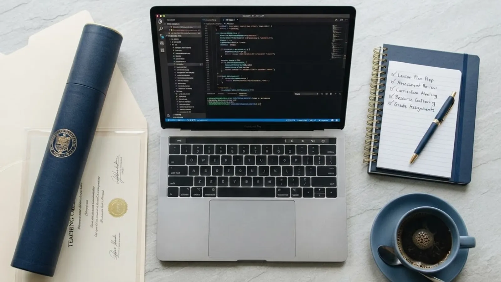 Teaching credential documents, laptop with code editor, and a requirements checklist on a desk