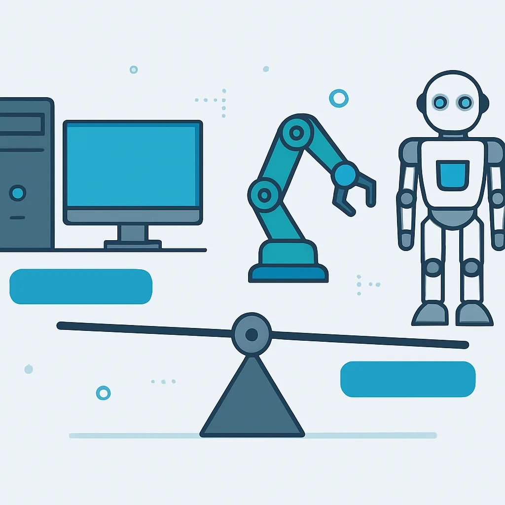 Side by side comparison of a computer and a robot on a balance scale