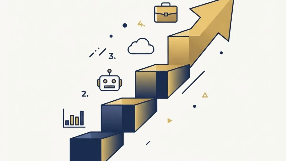 Stepped arrow illustration showing artificial intelligence career progression and role icons