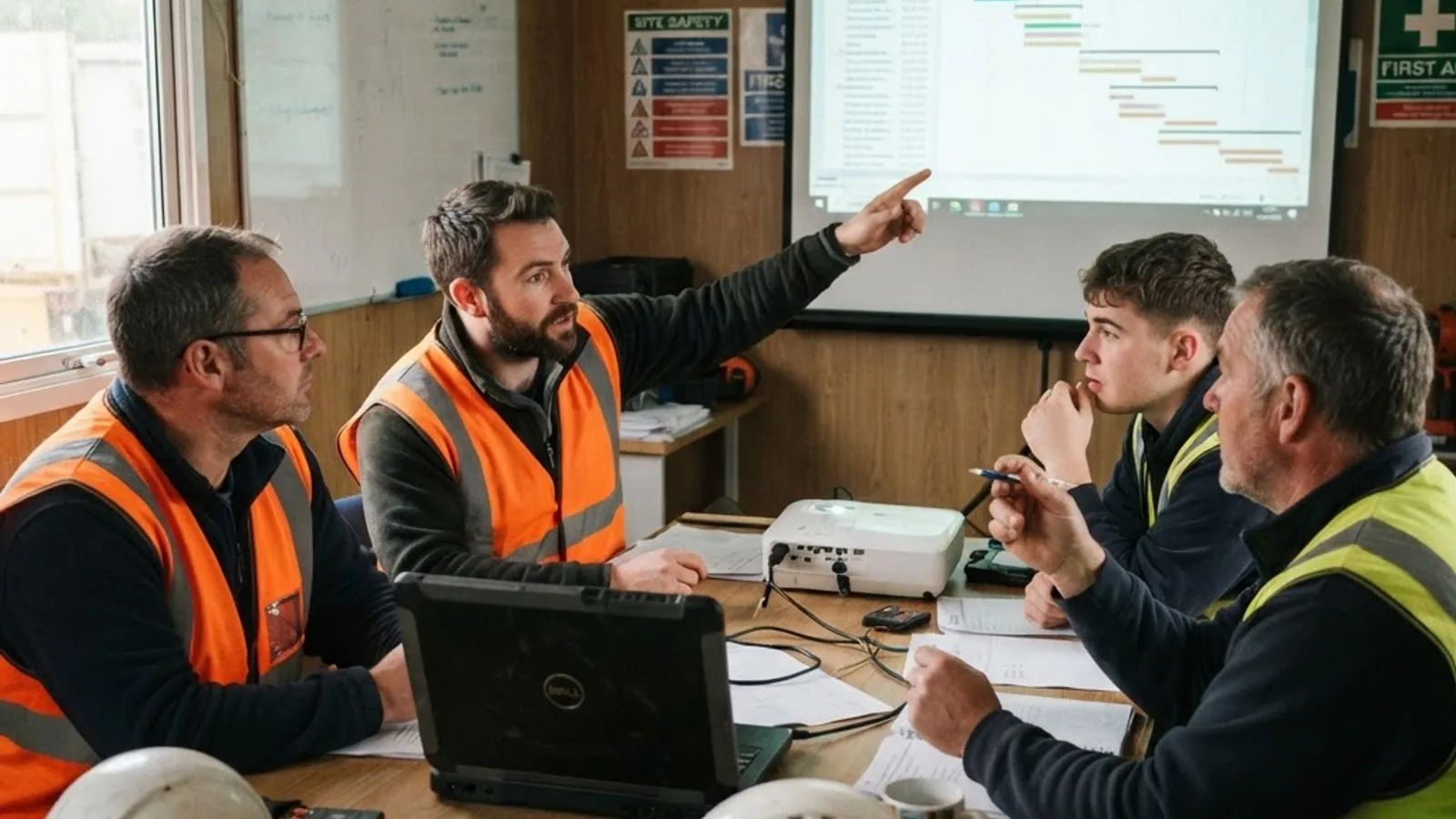 Construction crew training session on new dispatch software in a site trailer