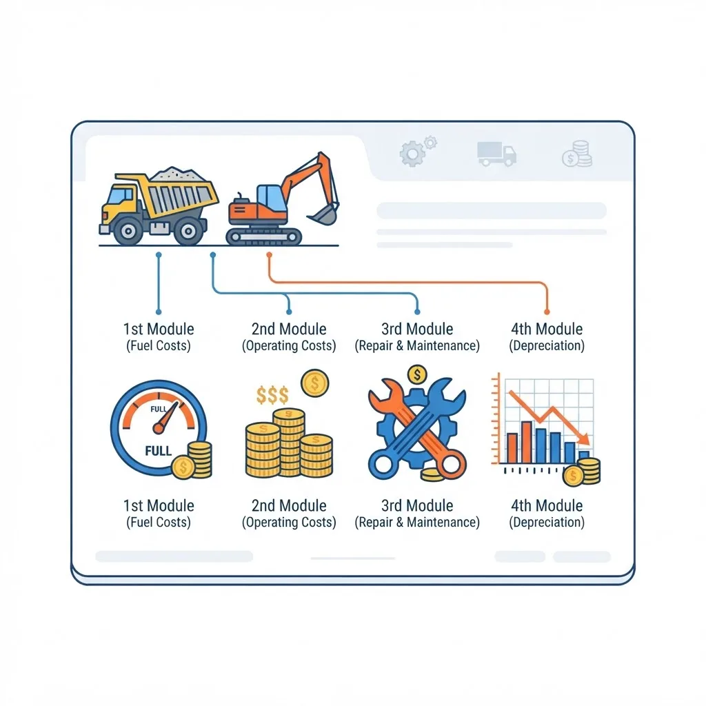 Construction fleet cost tracking report showing fuel, repair, and depreciation data