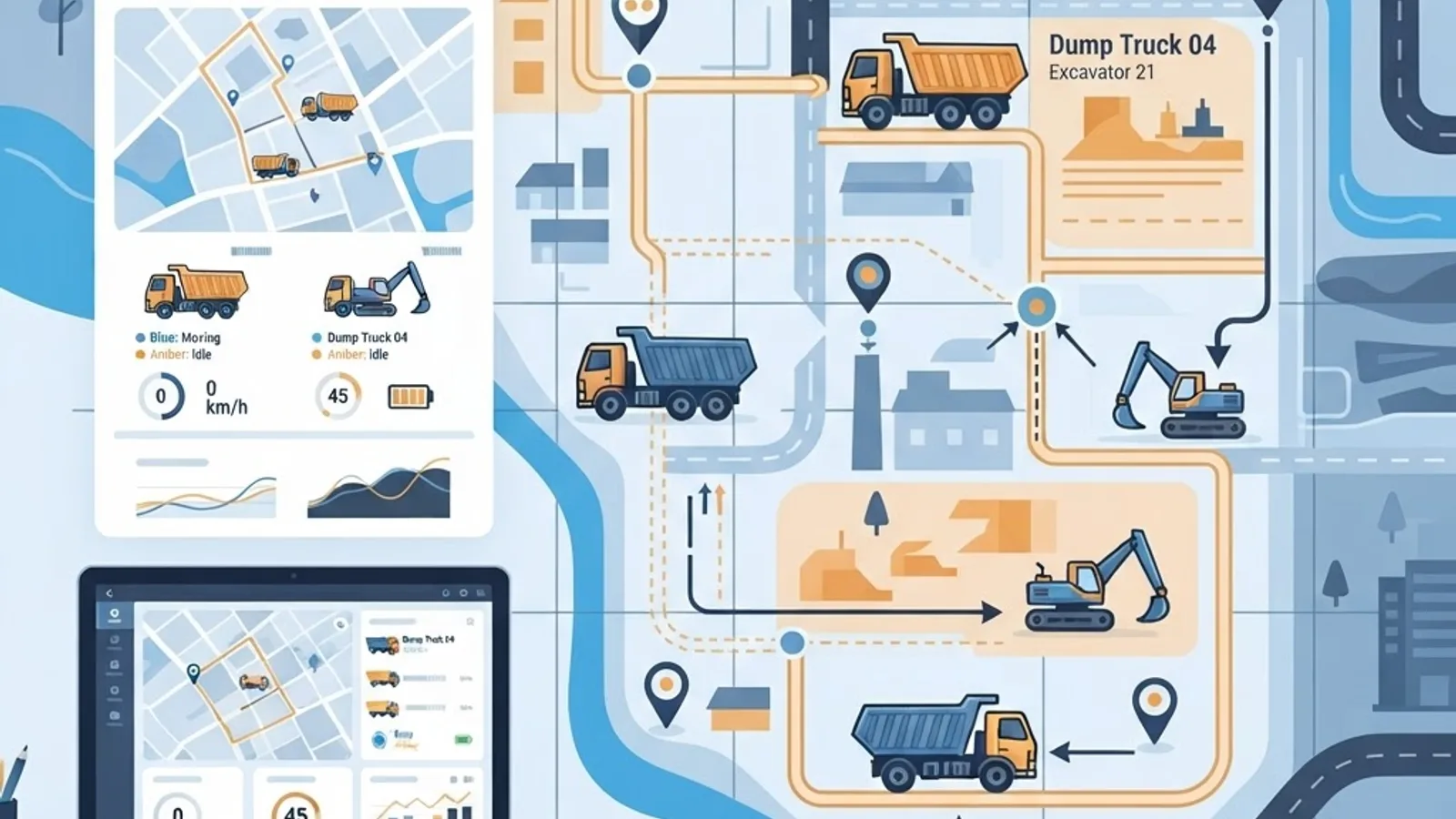 Fleet and heavy equipment GPS tracking map for construction dispatch