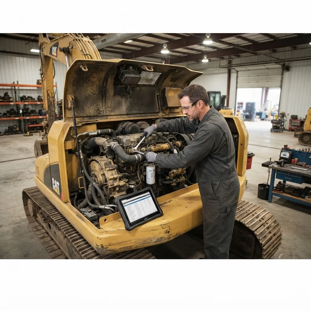 Mechanic performing scheduled preventive maintenance on an excavator engine
