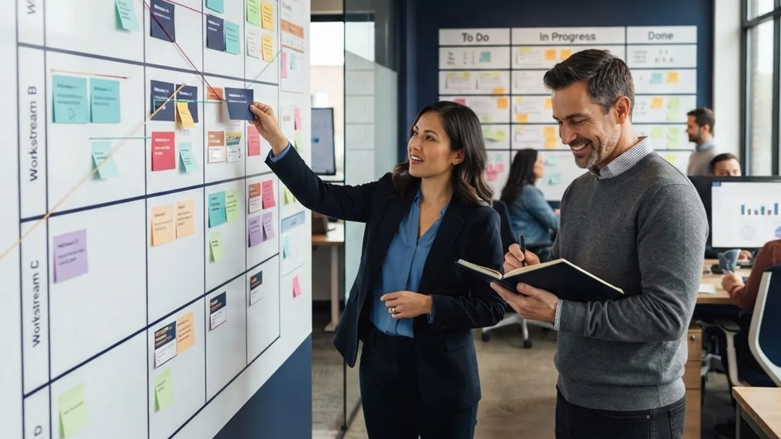 Consultant and project manager building a milestone roadmap on a wall timeline