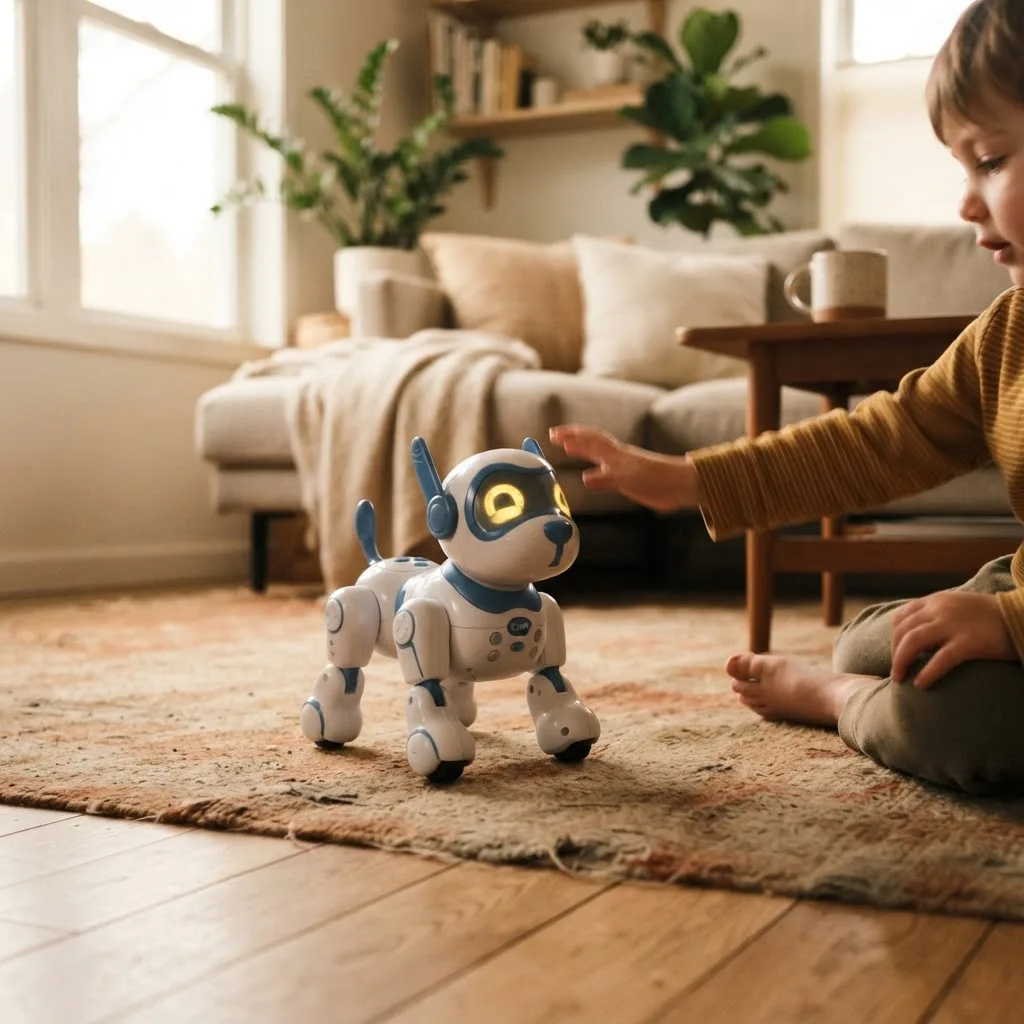 Consumer robot dog toy on a living room floor
