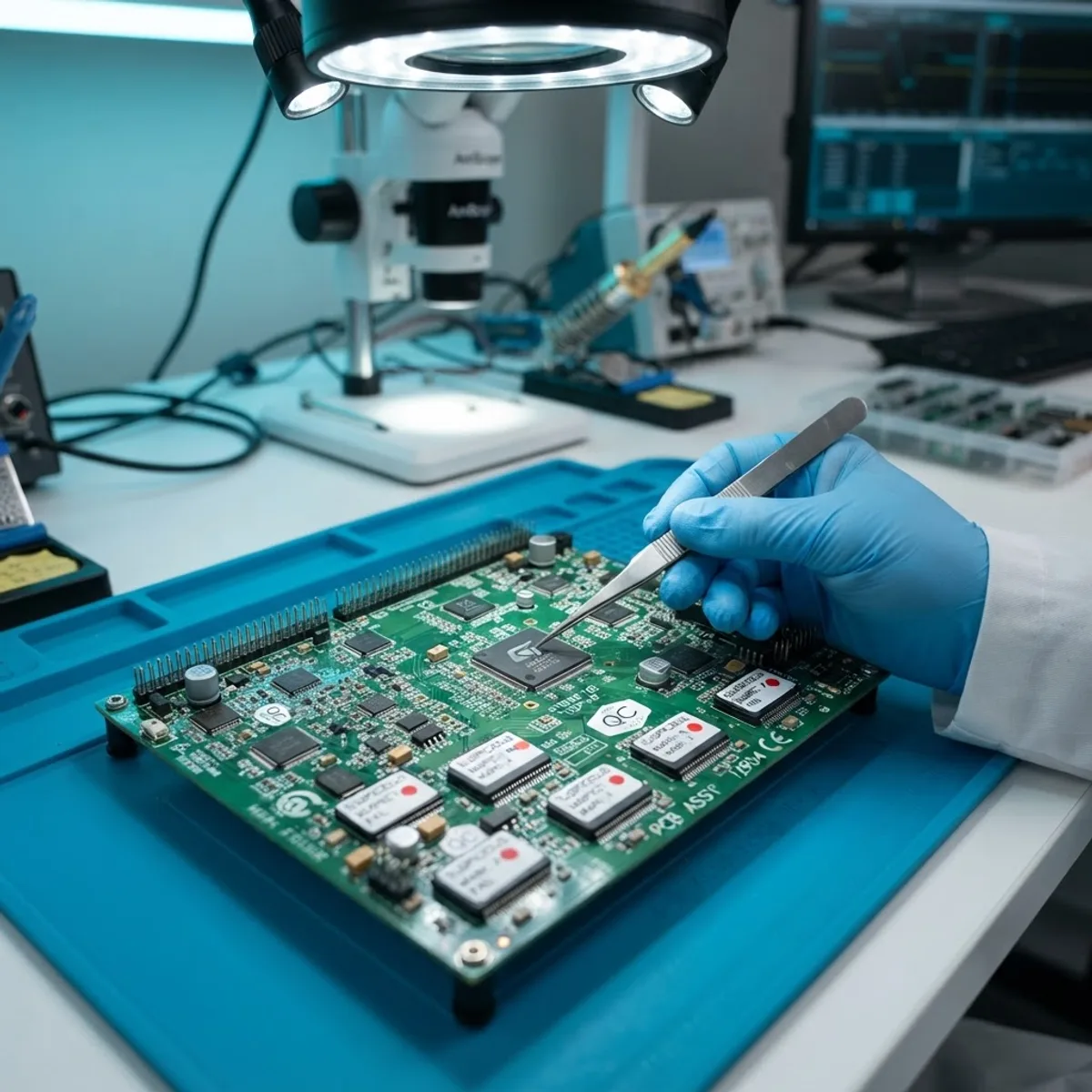 Electronic components under inspection on a lab bench
