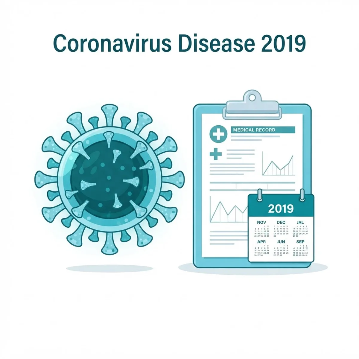 Illustration of a coronavirus particle beside a medical clipboard and a 2019 calendar