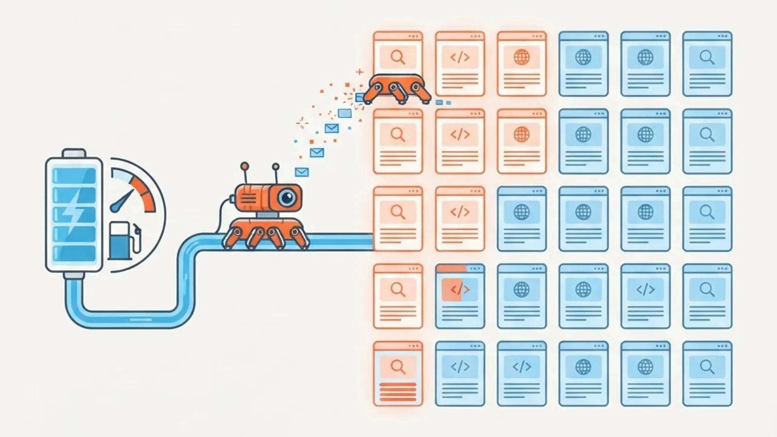 Crawl budget illustrated as a fuel gauge feeding a crawler visiting pages