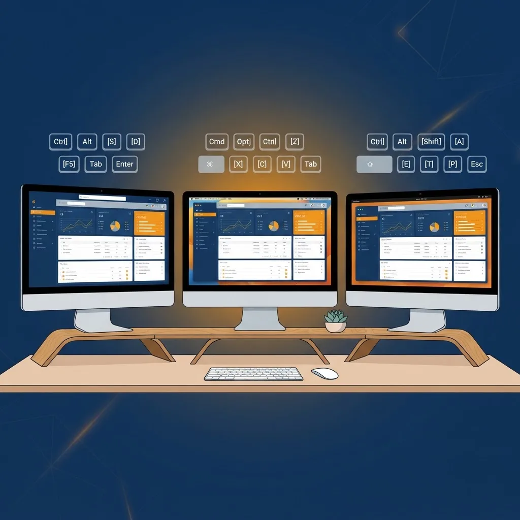 Application interface shown on Windows, macOS, and Linux screens with keyboard shortcuts