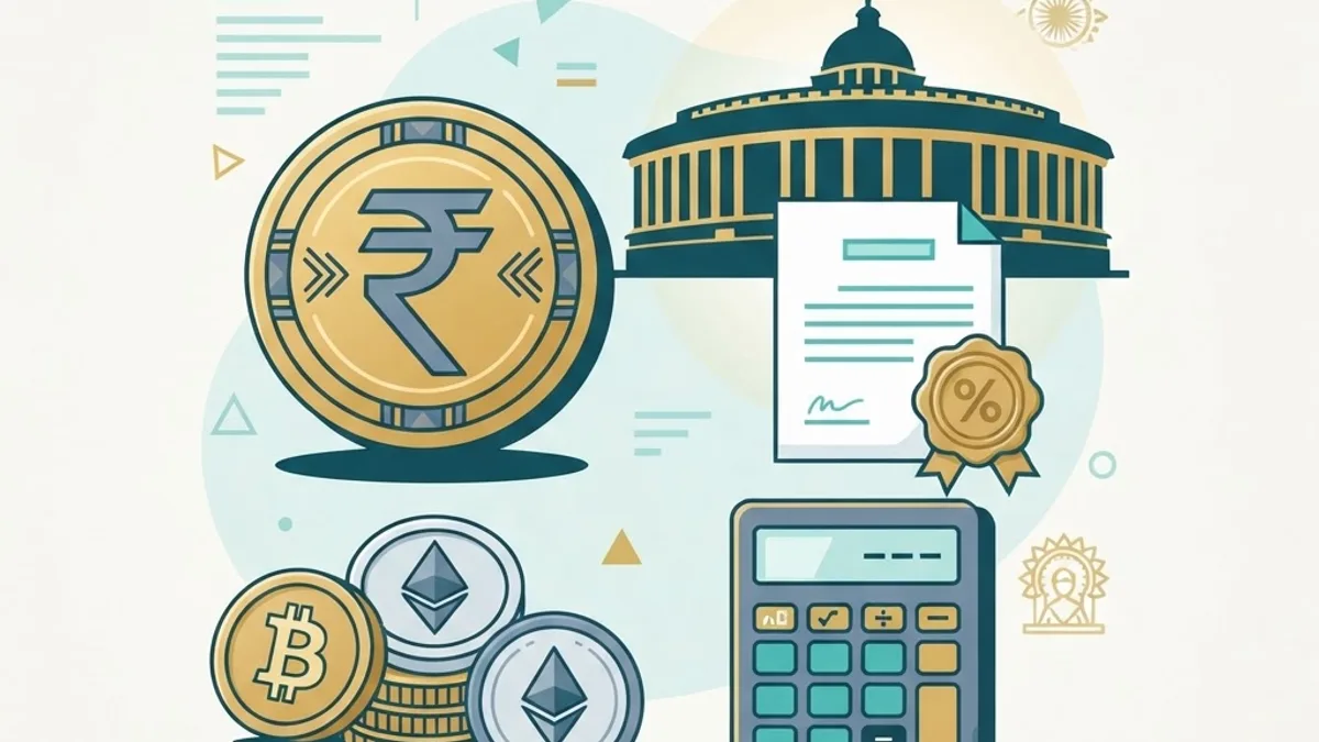 Crypto taxation in India illustrated with a rupee coin, document, and calculator
