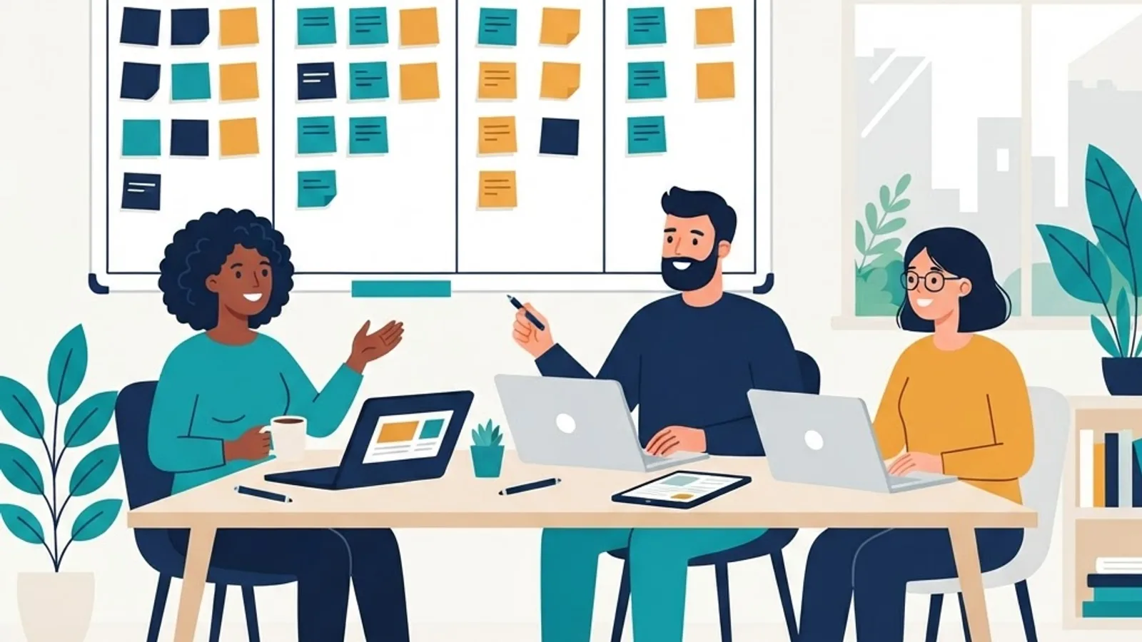 Agile development team collaborating on a web application project