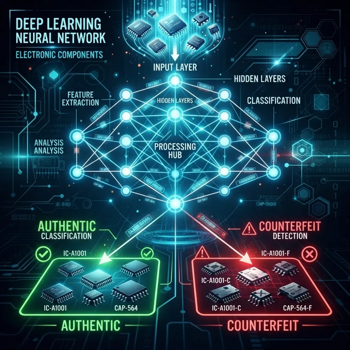 Deep learning network classifying authentic versus counterfeit components