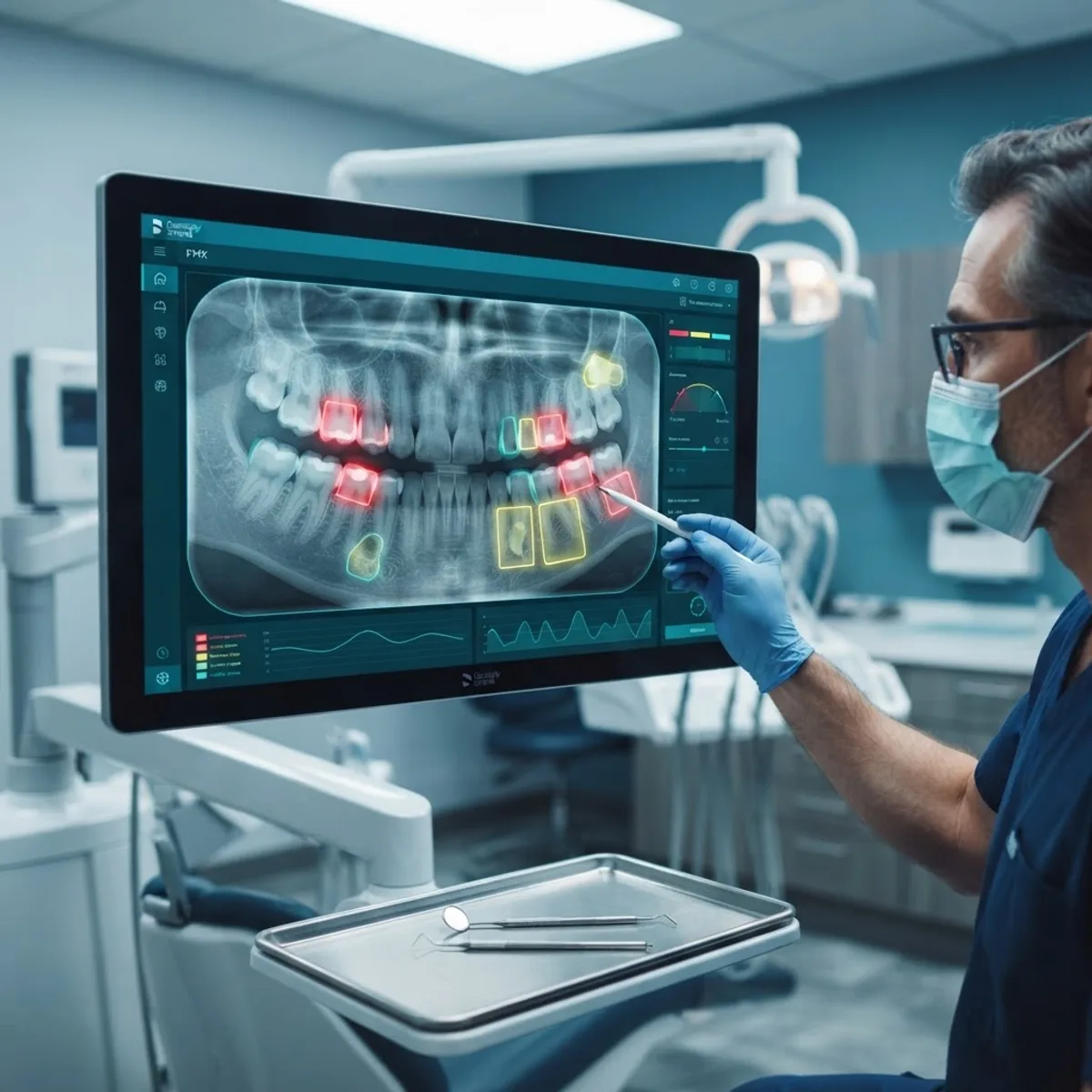 AI dental diagnostics highlighting cavities on an X-ray