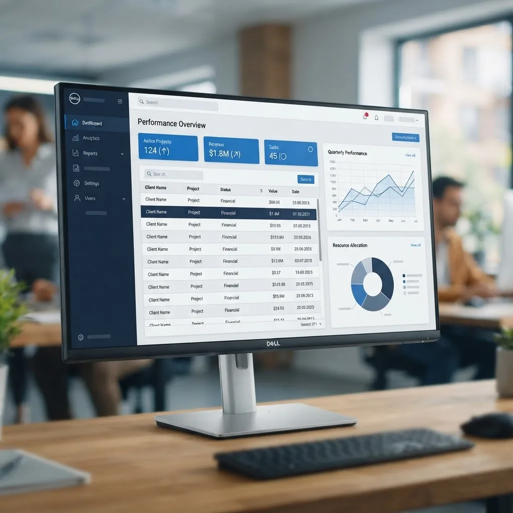 Enterprise desktop application dashboard interface with sidebar and data tables