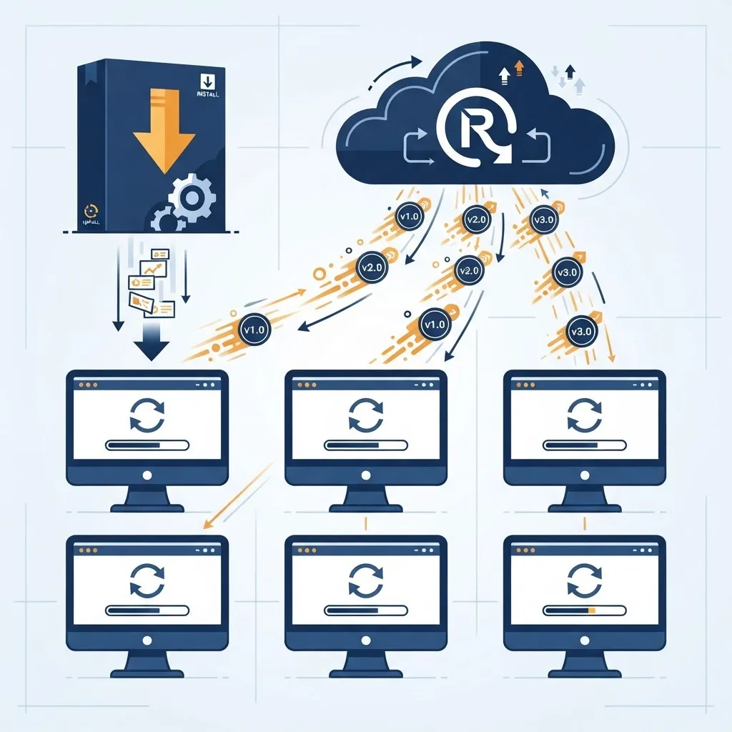 Illustration of installer packages and auto-updates distributed from a cloud release server