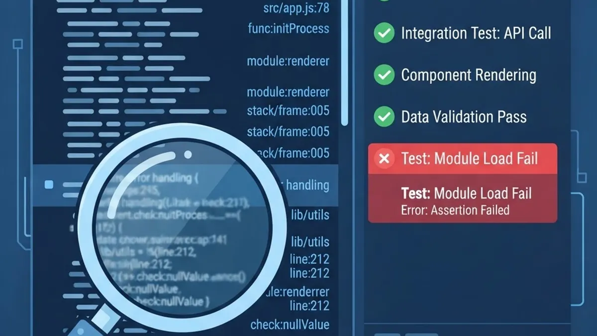 Debugging session with stack trace and test results