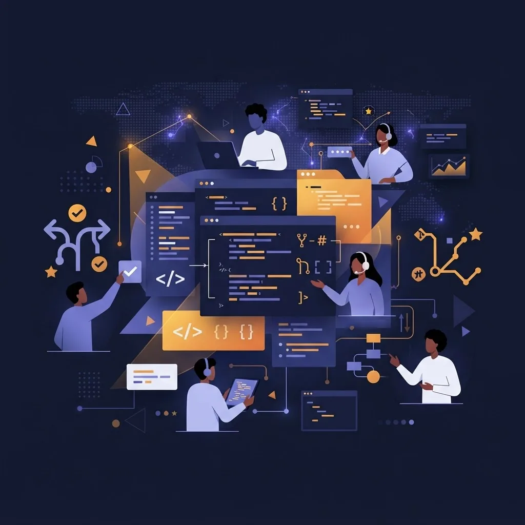 Remote engineering team collaborating on framework code reviews